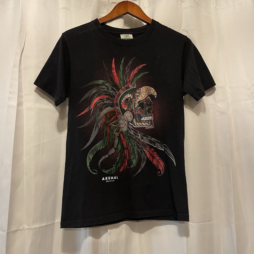 Karani-Art Aztec Feathered Skull Black Graphic T-Shirt Size S? Akumel Mexico